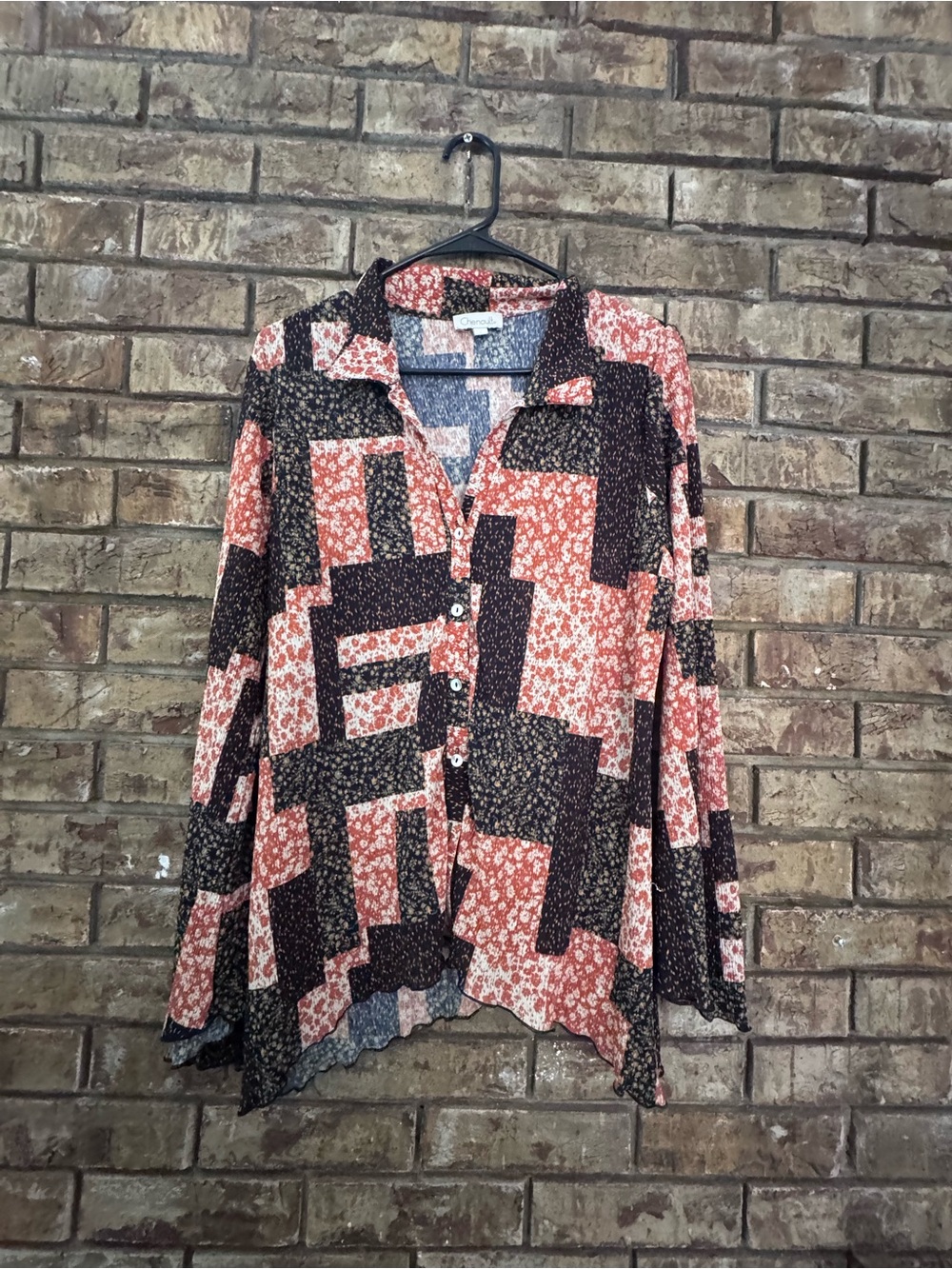 Chenault Patchwork Button-Down Blouse - rust & Black